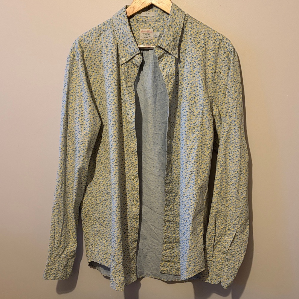 J. Crew Men’s Yellow and Blue Floral Shirt, Slim fit, size Large.